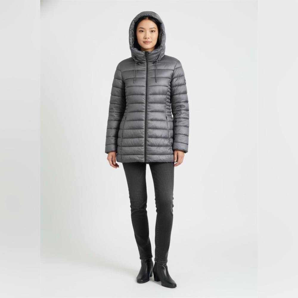 Apt 9 Quilted Puffer Jacket Women's Sz M Metallic Gray Hooded Mid length Winter‎